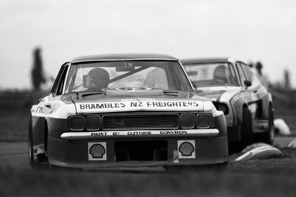Jack Nazer, Victor Chevrolet (Miss Victorious) leads Grant Walker, Ford Cologne Capri. Levels, Timaru 1976. IMAGE/terry marshall