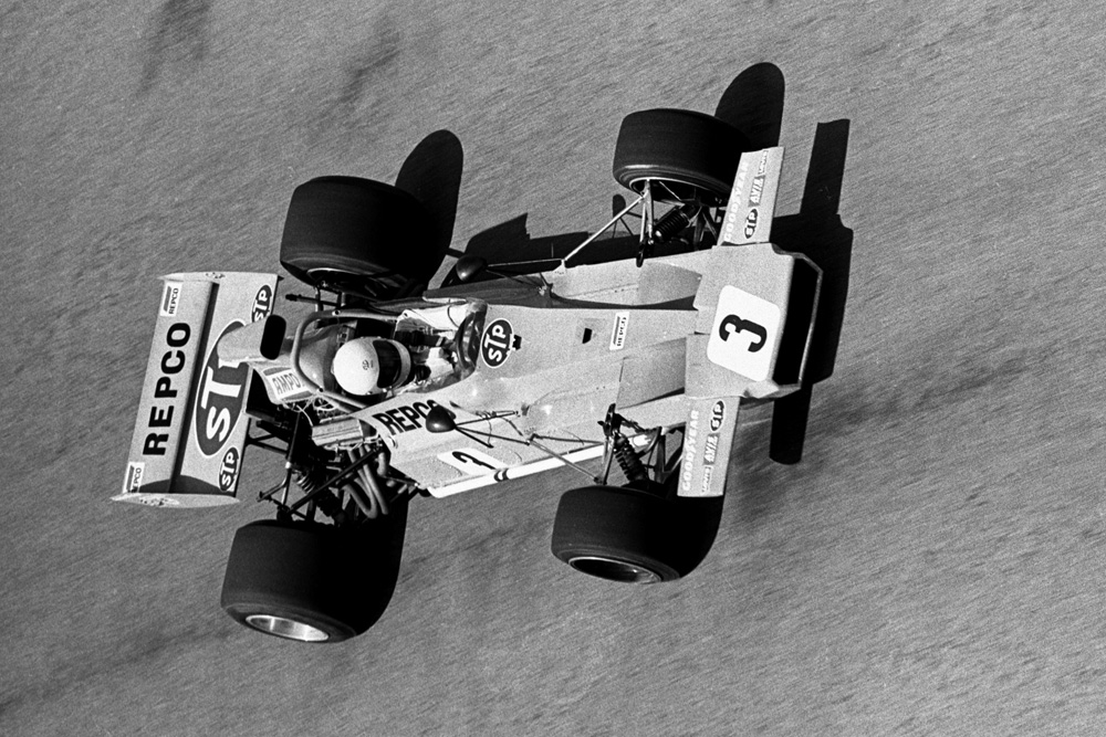 Wigram 1972. Photographed from atop the air-force control tower the late Frank Matich driving his Matich A50 Repco during the Lady Wigram Trophy race. IMAGE/terry marshall.