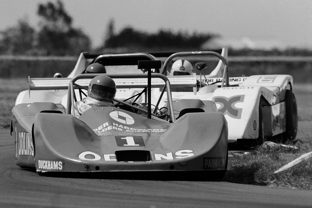 Levels, Timaru 1977. INTELEX Australian and New Zealand Sports Car test. Tom Donovan's Turbo engined Odlins leads from John McDonald and Bob Homewoods Rhubarb.