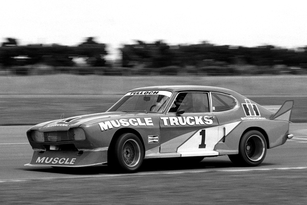 Wigram 1982. Inky Tulloch aboard the X Paul Fahey Ford Cologne Capri, now powered by a 5.7 litre Chevrolet. IMAGE/terry marshall
