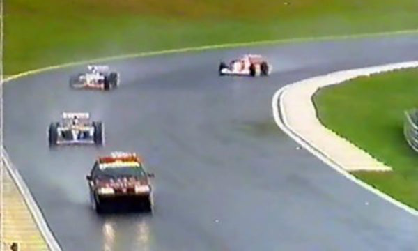 The first official pace car was a Fiat Tempra, seen here during the 1993 Brazillian GP due to the wet conditions.