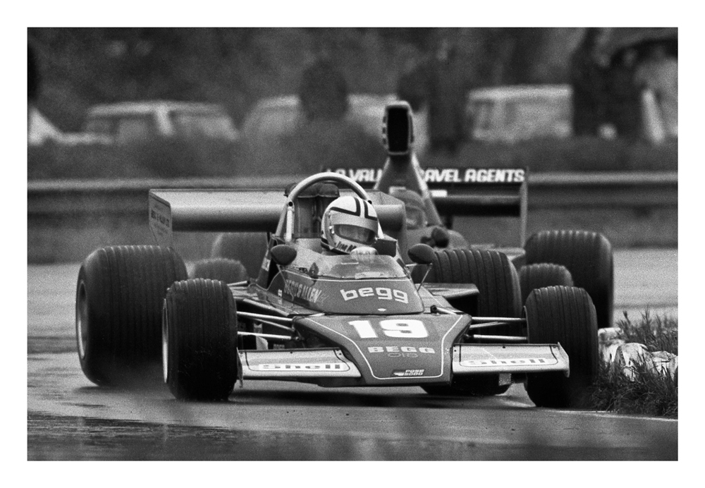 Ruapuna 1975. Jim Murdoch Begg 018 leads Ken Smith Lola T332 during a wet Gold Str round. IMAGE/Terry marshall