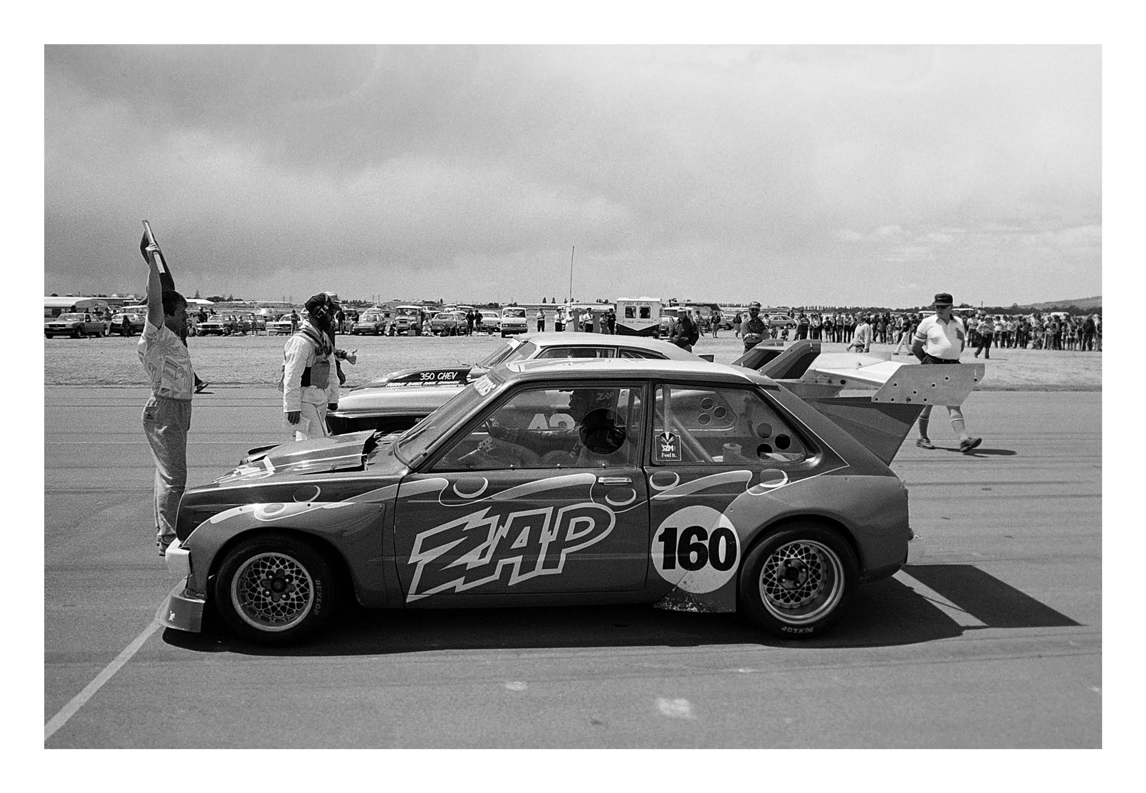 Wigram 1983. Trevor Crowe's V8 Oldsmobile powered Toyota Starlet in the foreground from Ian Munt and Inky Tulloch. IMAGE/terry marshall