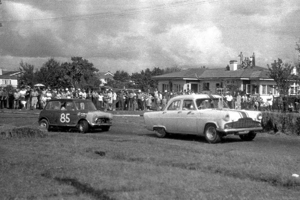 Matamata Road Race, 1965. Off the start/finish straight, Rod Coppins Zephyr Corvette leads from Bryan Innes 1275/93 Morris Cooper S. IMAGE/terry marshall.